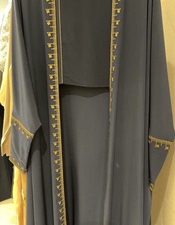 مشلح حرير كحلي تطريز بيانو ذهبي