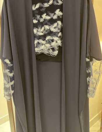 مشلح حرير دبل ستان كحلي اكمام تل ورق شجر فضي