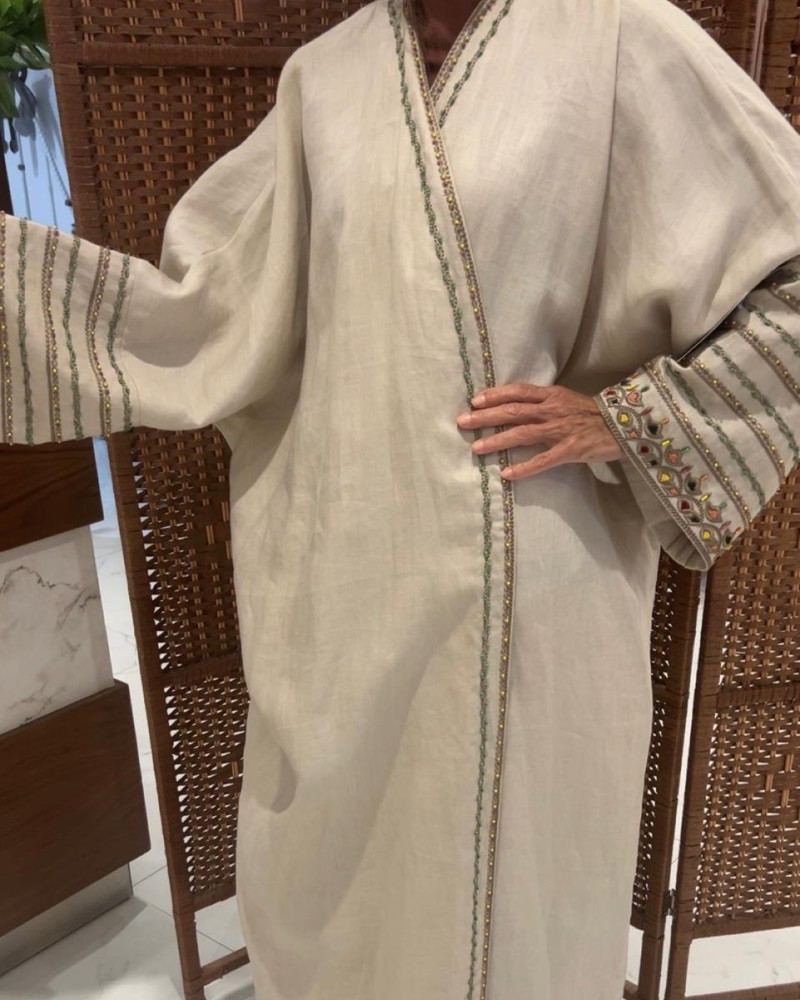 مشلح لنن بيج مطرز الوان مع الخرز