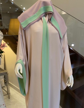 عبايه كيمونو  دبل كريب بينك وفستقي.