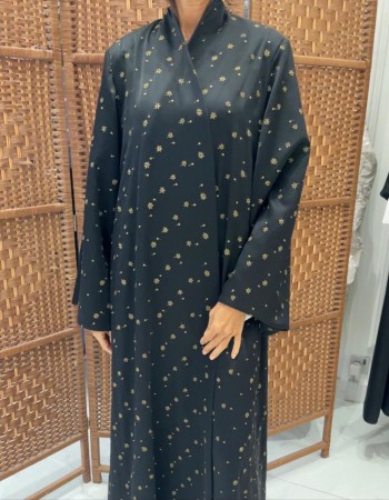 عباية دبل ستان مطرز نجوم دهبي  - اسود