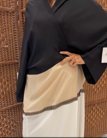 مشلح  حرير  - ابيض واسود وبيج مع الكريستال