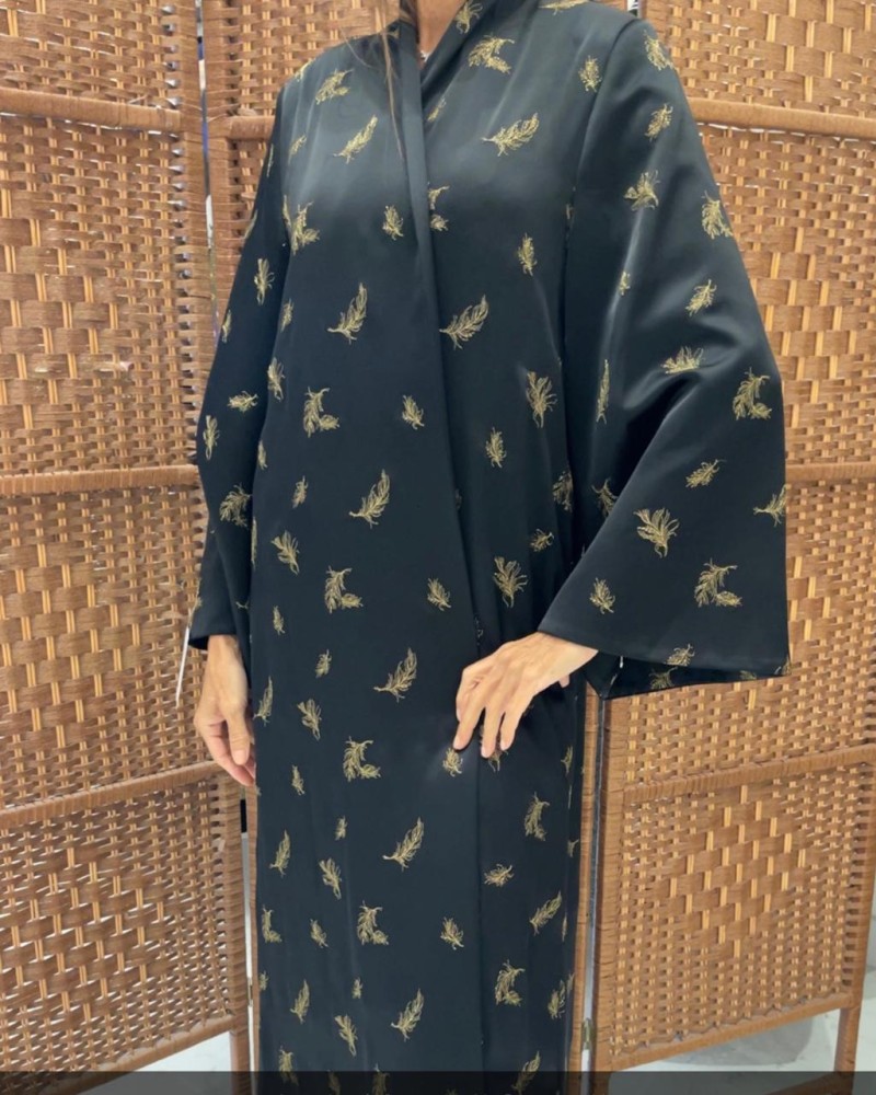 عباية دبل ستان مطرز ورق شجر- عودي فضي