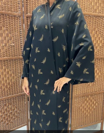 عباية دبل ستان مطرز ورق شجر- اسود ذهبي