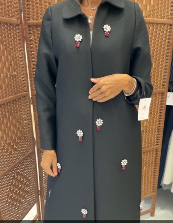 عباية تفتة مشخط مطرز كريستال - اسود